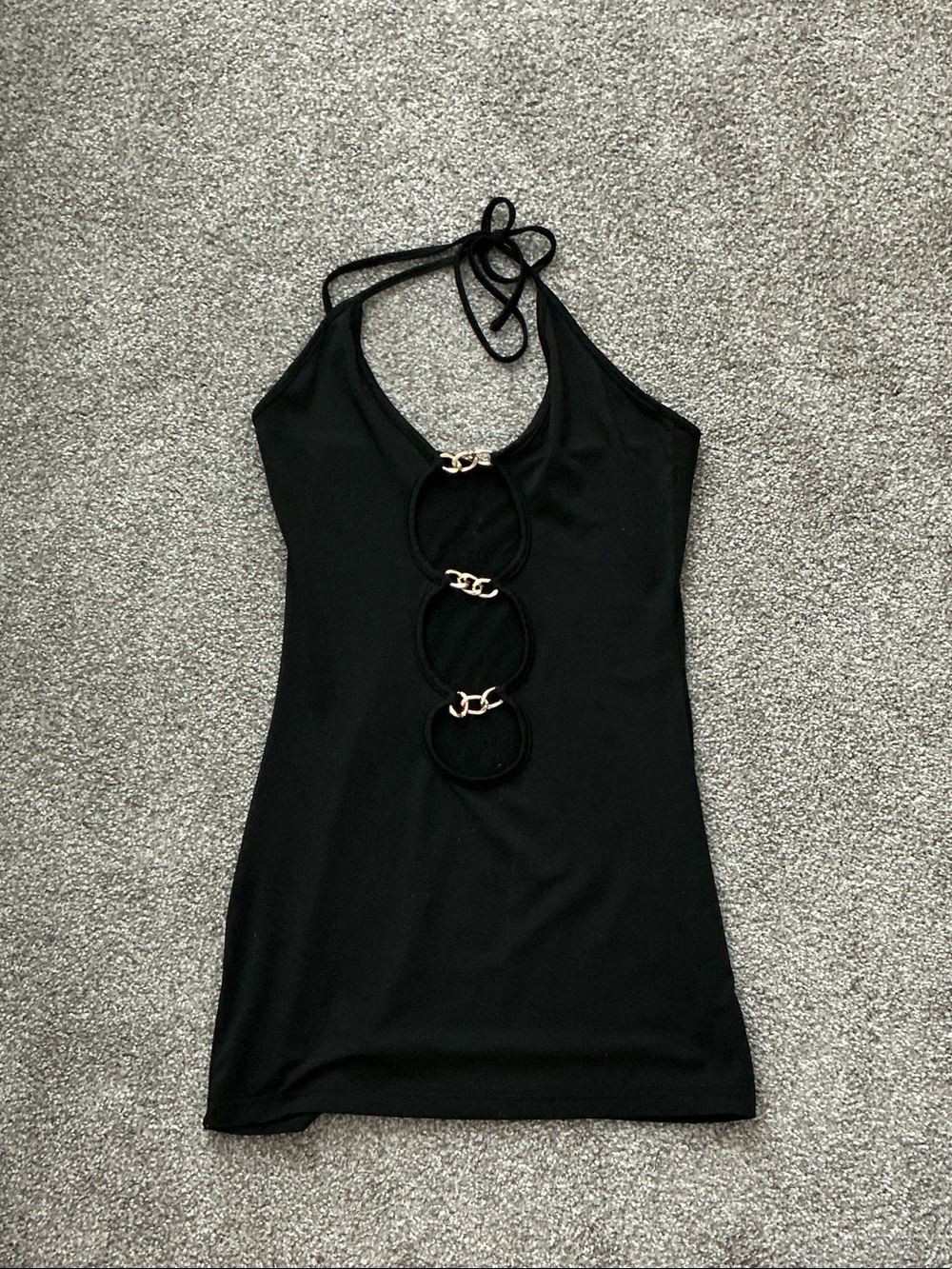 SHEIN Black Halter Mini Dress with Triple Ring Accents